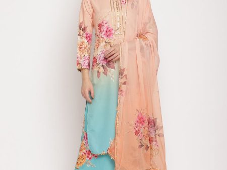 Ahalyaa Women Peach-Coloured Floral Printed Regular Sequinned Kurta With Palazzos & Dupatta on Sale