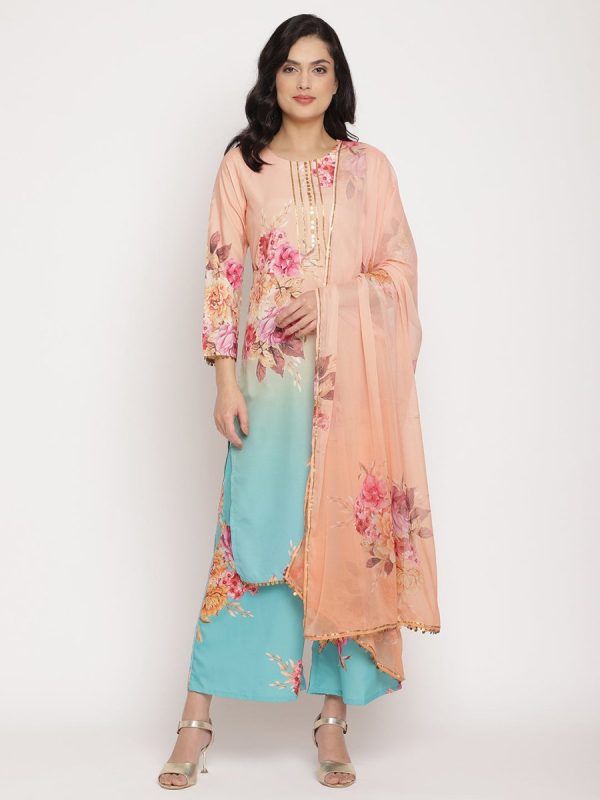 Ahalyaa Women Peach-Coloured Floral Printed Regular Sequinned Kurta With Palazzos & Dupatta on Sale