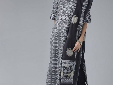 Yufta Women Grey Pure Cotton Kurta with Trouser & With Dupatta Supply