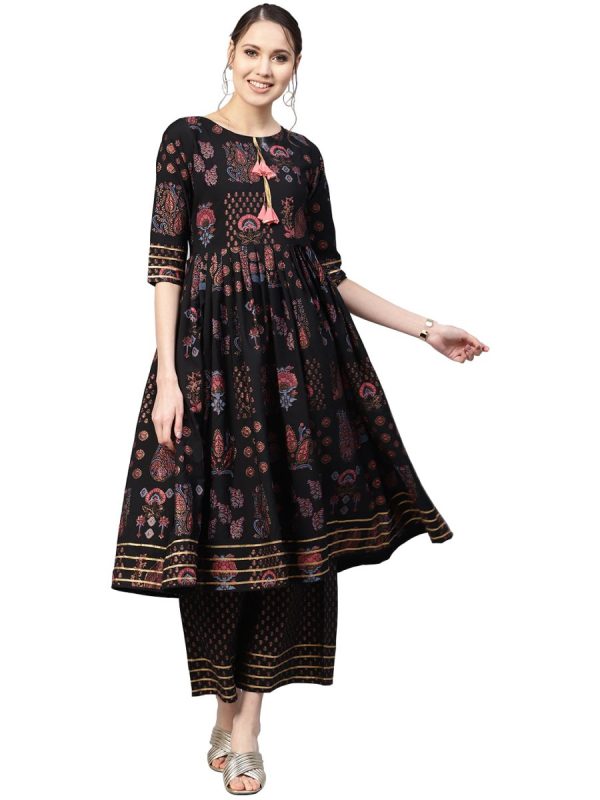 Ahalyaa Black Poly Crepe A-Line Kurta Set Fashion