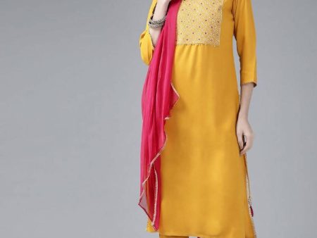 Yufta Women s Mustard Rayon Kurti With Pant Dupatta Set Discount