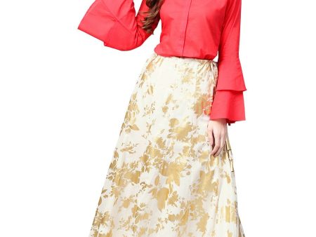 Ahalyaa Indowestern Red Shirt With Off White & Gold Skirt Set For Cheap