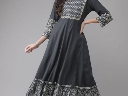 Yufta Grey Embroidered Ethnic Maxi Dress Online Hot Sale