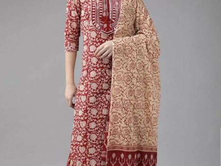 Yufta Maroon & Beige Ethnic Motifs Screen Print Cotton Straight Kurta Palazzo & Dupatta Cheap