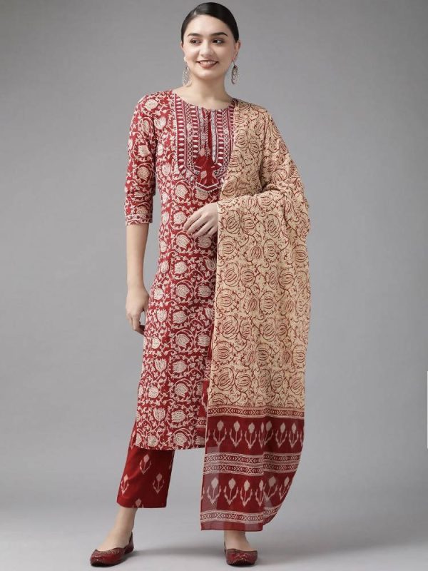 Yufta Maroon & Beige Ethnic Motifs Screen Print Cotton Straight Kurta Palazzo & Dupatta Cheap