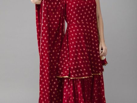 Ahalyaa Women Maroon & Gold-Toned Printed Kurti With Sharara & Dupatta Online