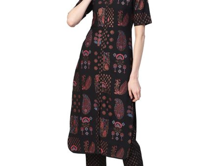 Ahalyaa Black Poly Crepe Pathani Kurta Set Cheap