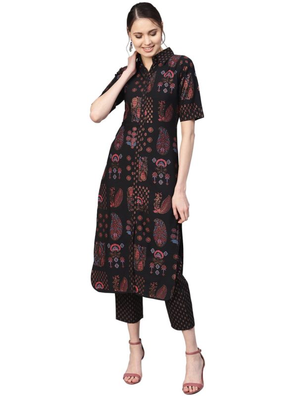 Ahalyaa Black Poly Crepe Pathani Kurta Set Cheap