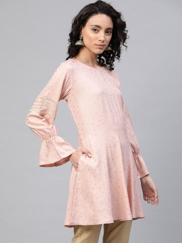 Ahalyaa Women Pink Rayon Golden Ethnic Print Tunic Online Hot Sale