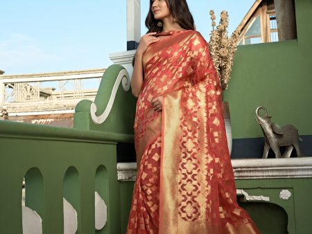 Vardha Tangerine Orange Golden Zari Banarasi Organza Saree on Sale