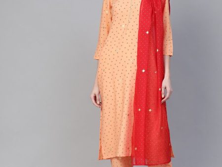 Ahalyaa Women Peach-Coloured & Red Screen Bandhani Printed Kurta with Trousers & Dupatta Online Hot Sale