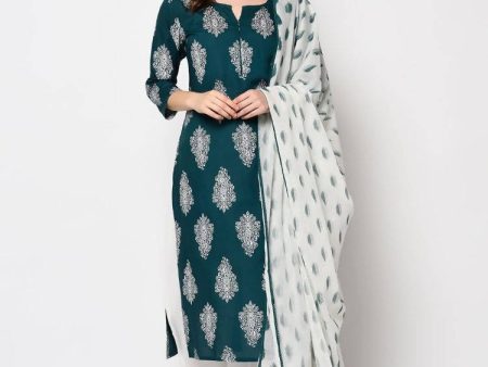 Yufta Teal Block Print Kurta with palazzo and Dupatta Set Supply