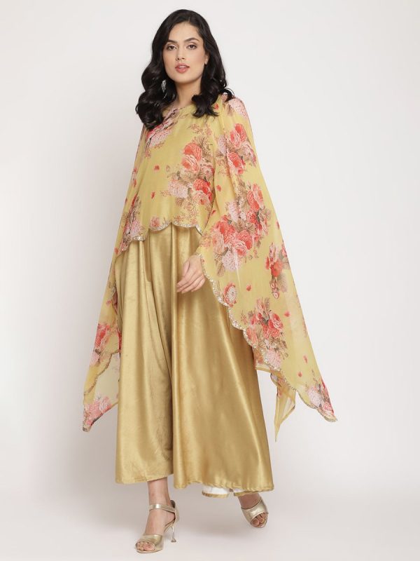 Ahalyaa Women s Mustard Color Velvet Kurta With Attached Printed Dupatta Online now