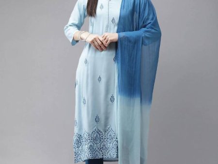 Yufta Women Blue Embroidered Thread Work Kurta with Palazzo & With Dupatta Sale