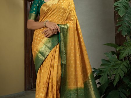 Vardha Scarlet Yellow Golden Zari Banarasi Raw Silk Saree on Sale