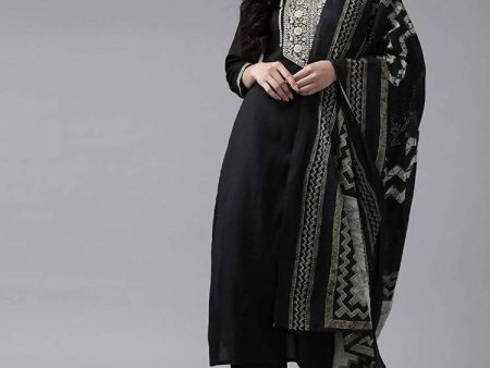 Yufta Women Black & Beige Yoke Design Kurta with Trouser & Dupatta Online now