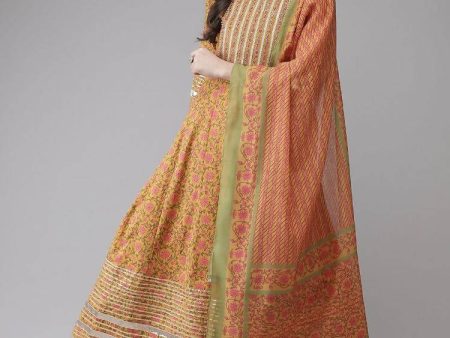 Yufta Yellow Printed kurta with Trouser Dupatta Set For Sale