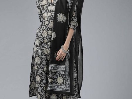 Yufta Women Black Floral Pure Cotton Kurta with Trouser & With Dupatta Online