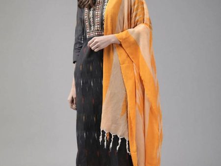 Yufta Black Pure Cotton Ikat Design Kurta with Palazzo & Dupatta For Cheap