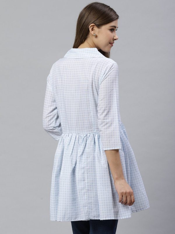 Ahalyaa Blue & White Checked Waist Tie-Up Tunic Online Sale