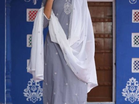 Yufta Kurta Women Grey & White Embroidered Kurta with Palazzo & Dupatta Sale