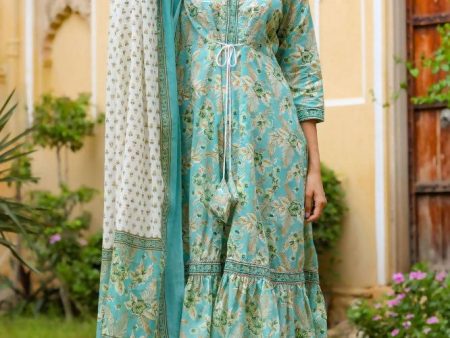 Yufta Blue Printed Tiered Kurta with Trouser and Dupatta For Sale