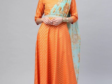 Ahalyaa Women Orange & Gold Ethnic Kurta Saree Dress Discount