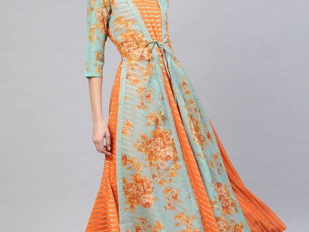 Ahalyaa Women Orange & Gold Ethnic Kurta Dress Online Sale