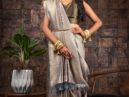 Vardha Seal Grey Golden Zari Kanjeevaram Silk Saree Cheap