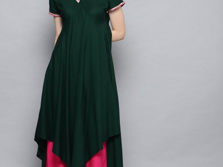 Ahalyaa Dark Green Solid Kimono Rayon Kurta Set For Women Discount