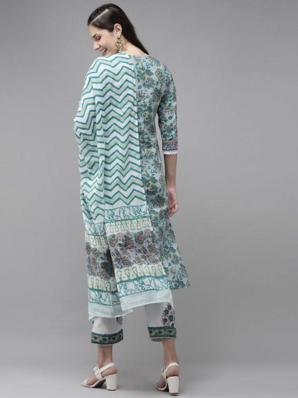 Yufta Green Hand Block Printed Kurta with Trouser and Dupatta Online