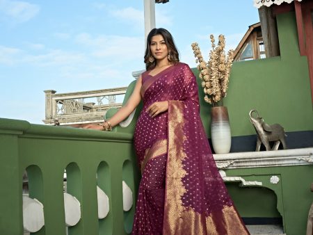 Vardha Wine Golden Zari Banarasi Organza Saree Fashion