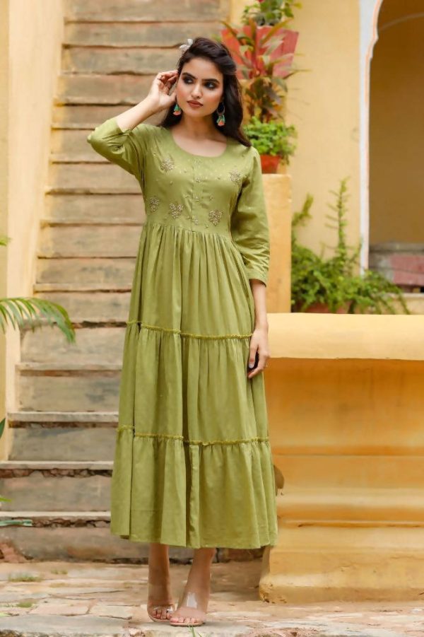 Yufta Green Cotton Dobby Dress Sale