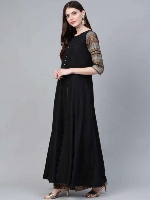 Ahalyaa Black Solid Front Slit Kurta With Palazzo Fashion