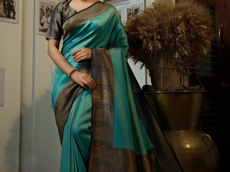 Vardha Turquoise Blue Golden Zari Kanjeevaram Silk Saree Supply