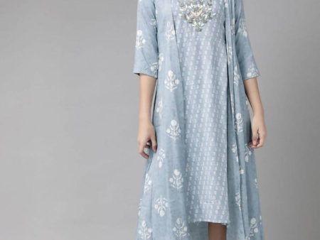 Yufta Women Blue & White Floral Printed Ethnic A-Line Midi Dress with Jacket Online Sale