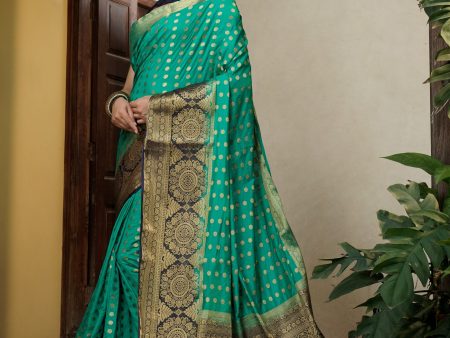 Vardha Teal Green Golden Zari Banarasi Raw Silk Saree Sale