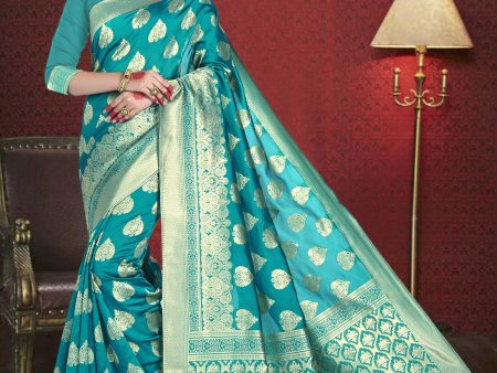 Vardha Teal Blue Woven Zari Betel Leaf Banarasi Saree For Sale