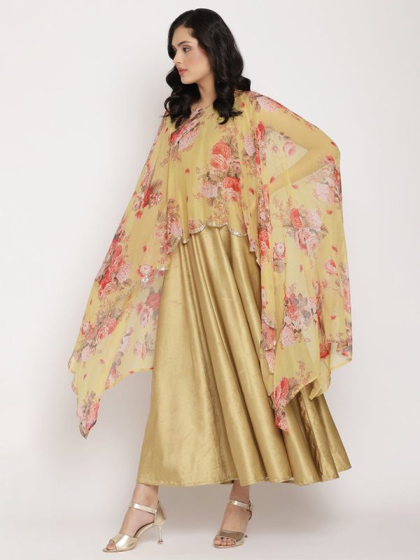 Ahalyaa Women s Mustard Color Velvet Kurta With Attached Printed Dupatta Online now