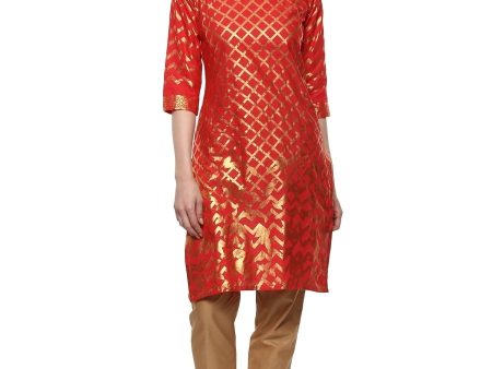 Ahalyaa Fiery Red Cotton Blend Kurta With Metallic Gold Print Cheap