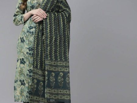 Yufta Women Teal and Beige Floral Dyed Pure Cotton Kurta with Palazzo and Dupatta Fashion