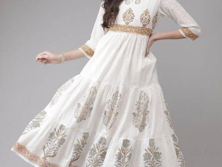 Yufta White Ethnic Printed Flared Dress Online Sale