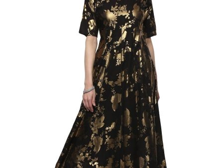 Ahalyaa Black Floor Length Cotton Blend Anarkali With Gold Print For Sale