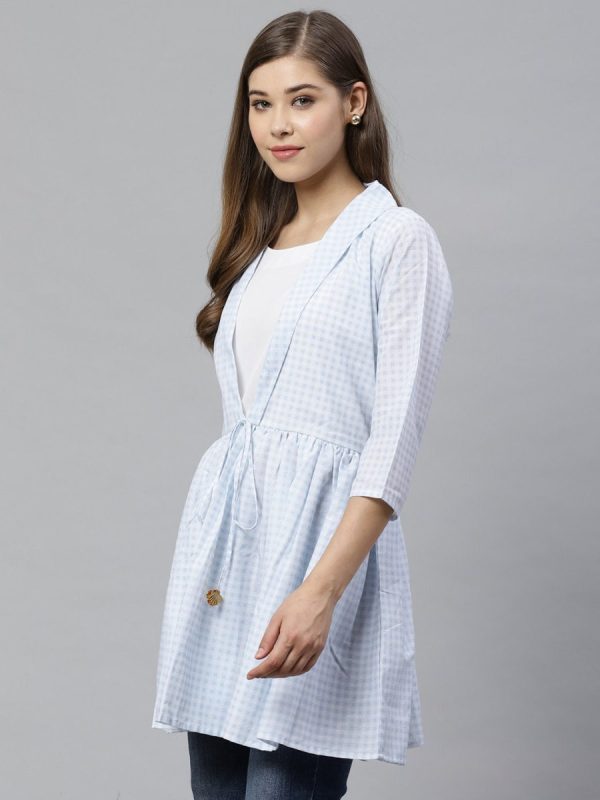 Ahalyaa Blue & White Checked Waist Tie-Up Tunic Online Sale