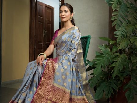 Vardha Royal Grey Golden Zari Banarasi Raw Silk Saree Online