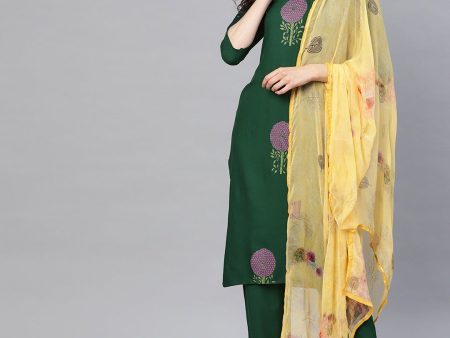 Ahalyaa Women Green & Yellow Printed Kurta With Trousers & Dupatta For Discount