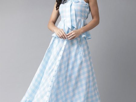 Ahalyaa Women Blue & White Checked Peplum Top with Skirt Online Sale