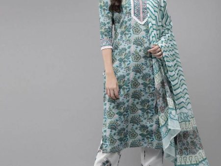 Yufta Green Hand Block Printed Kurta with Trouser and Dupatta Online