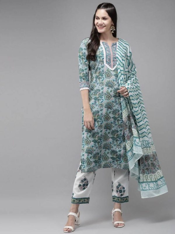 Yufta Green Hand Block Printed Kurta with Trouser and Dupatta Online