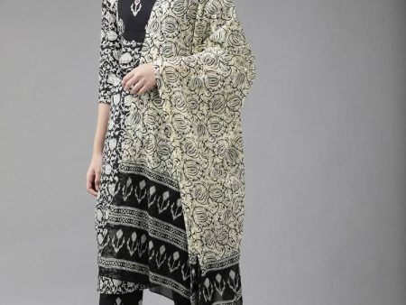 Yufta Black & Off-White Ethnic Screen Print Cotton Straight Kurta Palazzo & Dupatta Supply